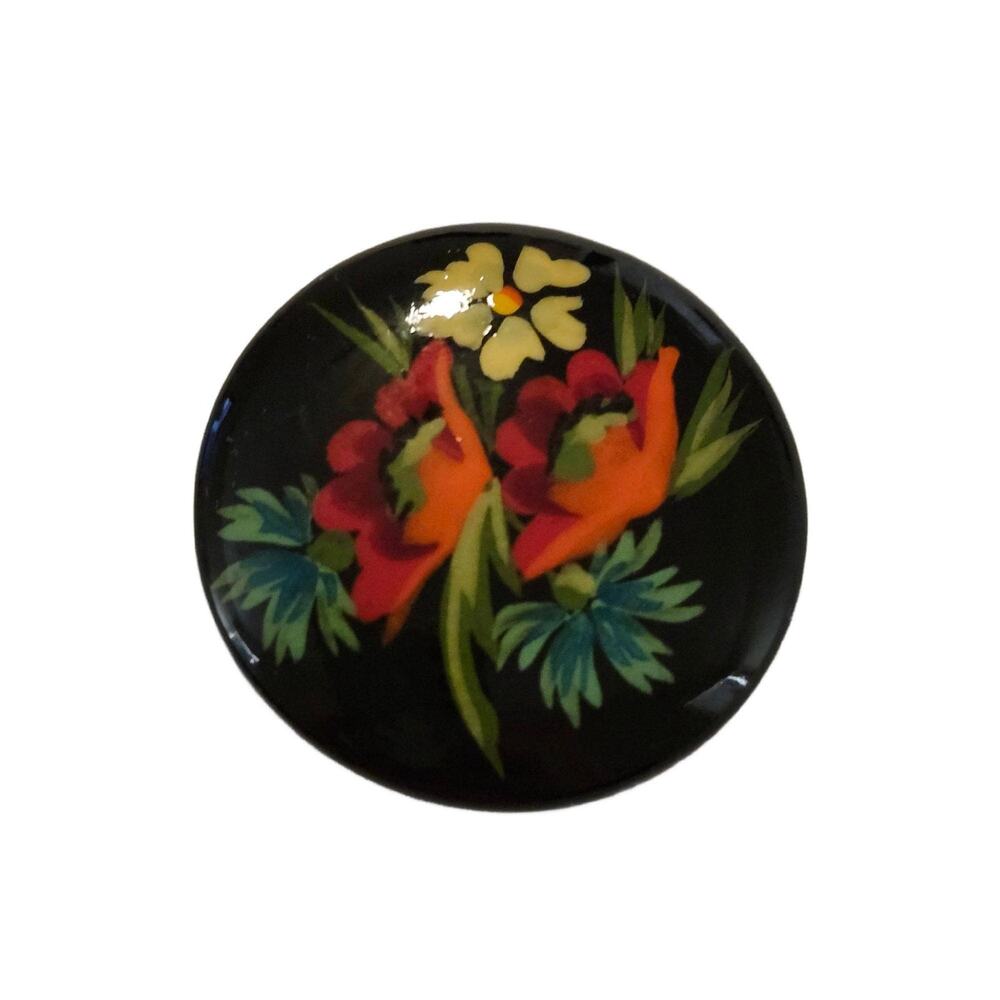 Vintage Russian Brooch Black Lacquered Flowers Pin